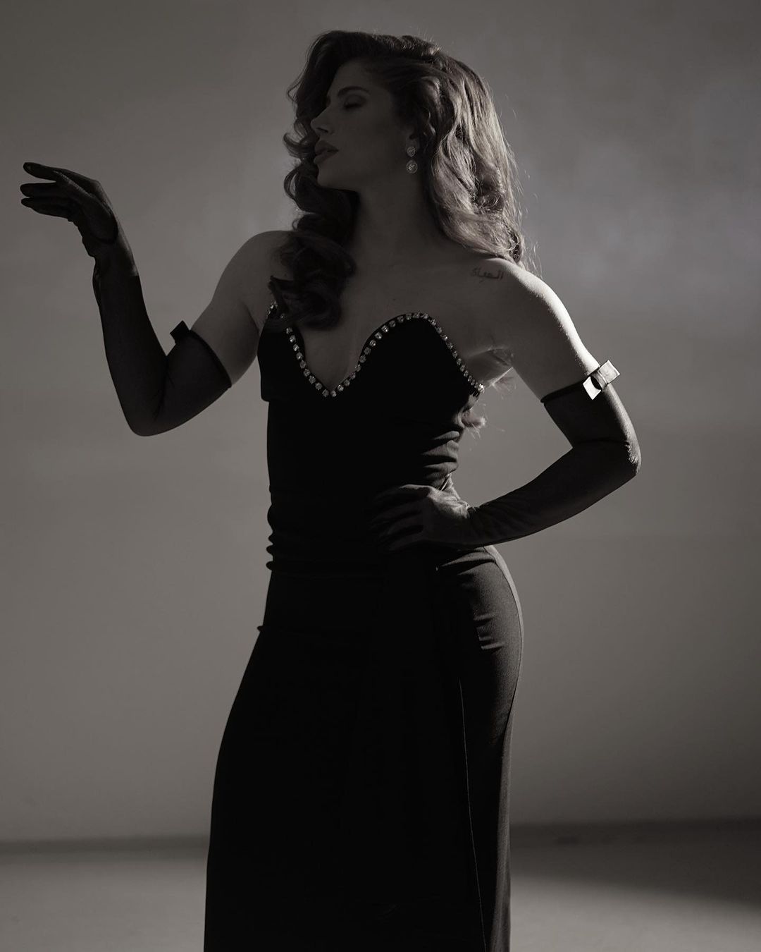A silhouette of a poised woman dressed in a classic evening gown with refined adornments