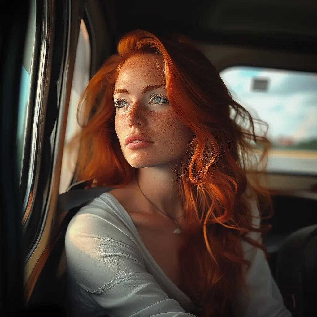 A pensive woman with fiery red hair gazing out of a car window