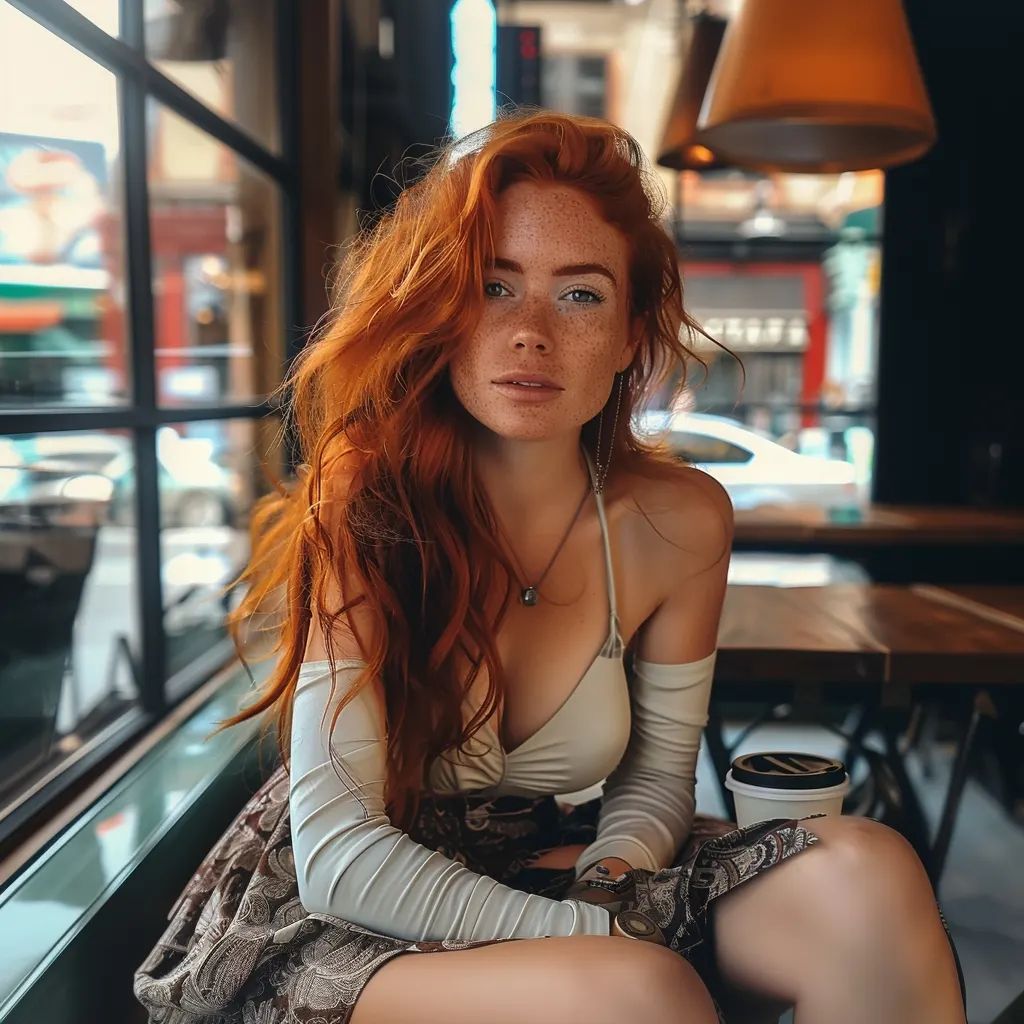 A woman with striking red hair and freckles sitting in a café